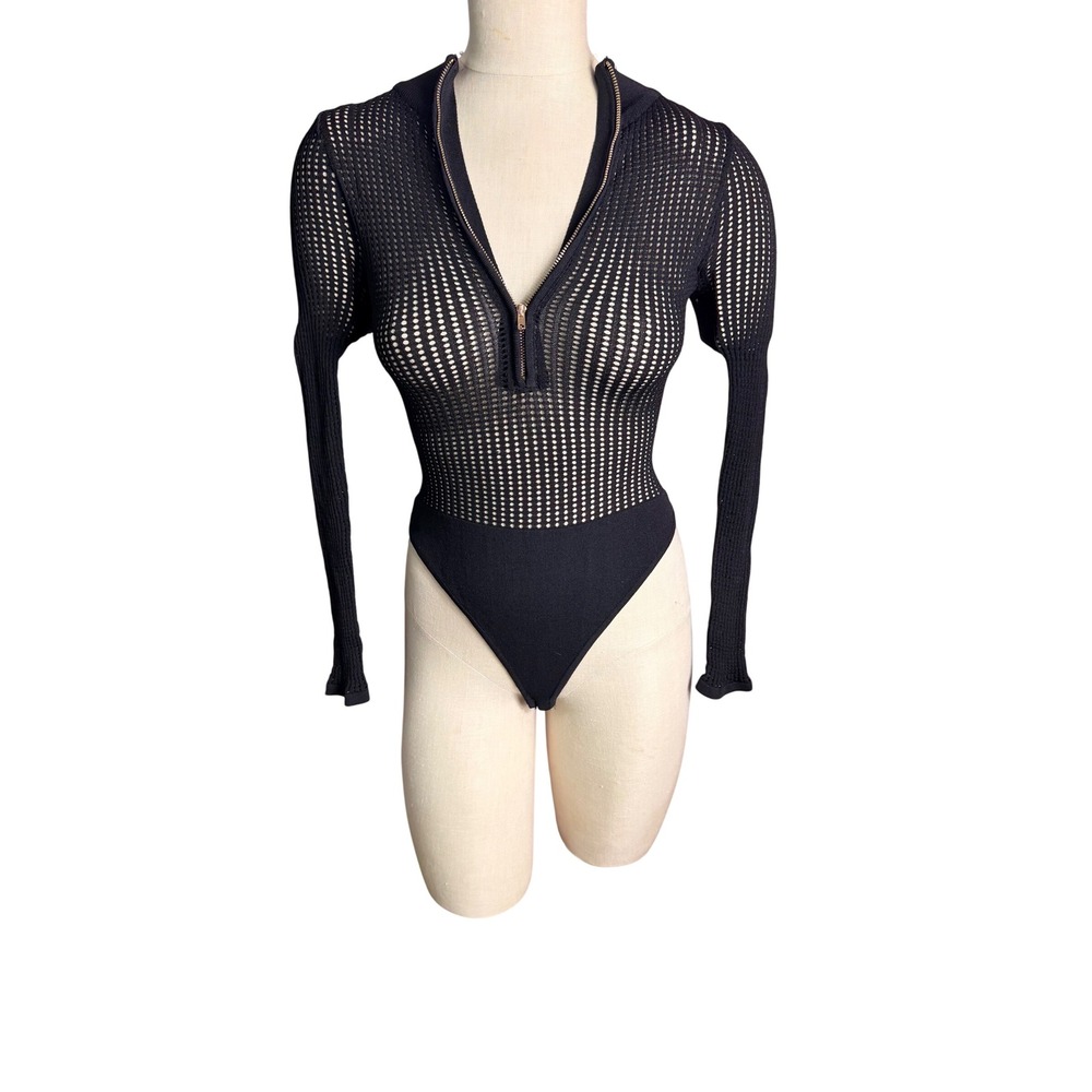 Hera Collection Bodysuit Small Black Open Knit Half Zip Longโ Sleeve Snap Bottom